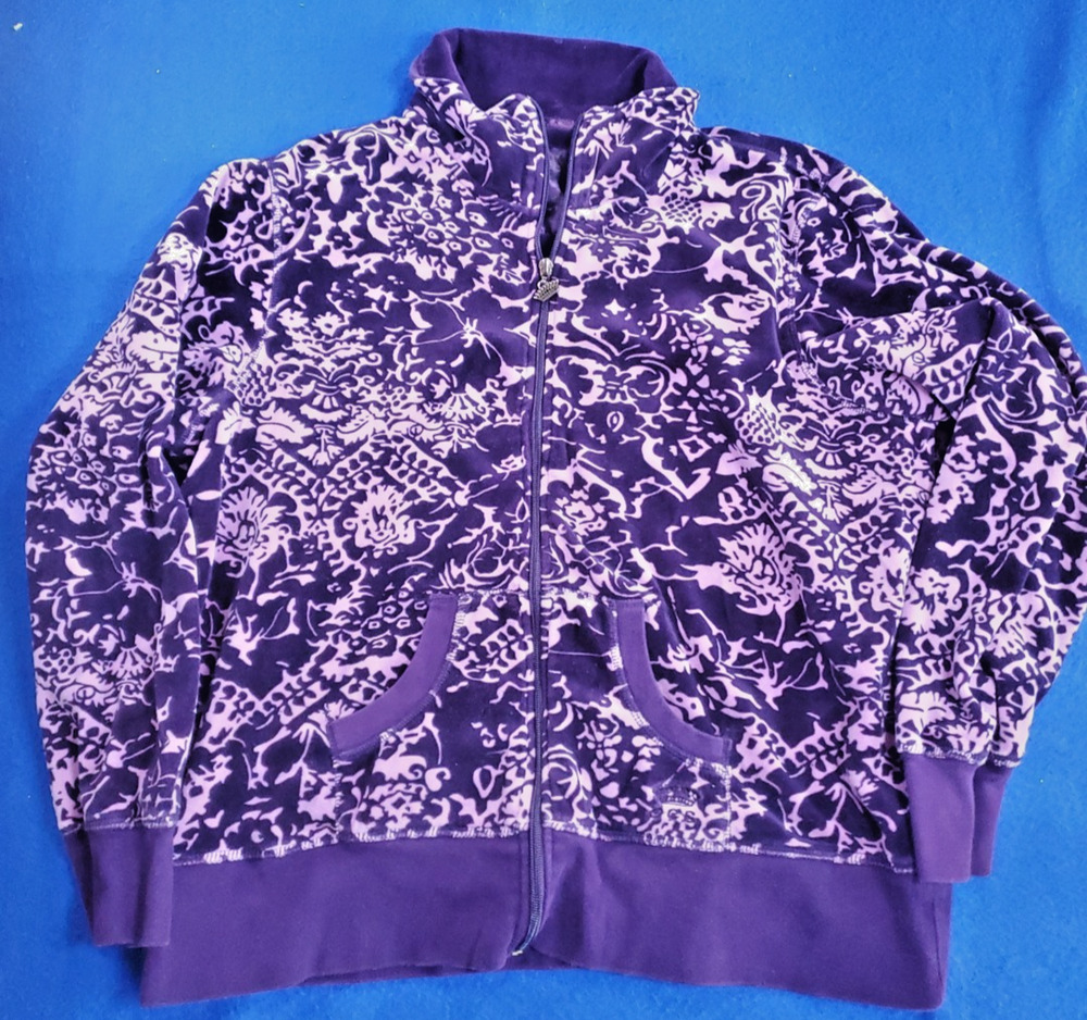 Oleg Cassini Sport Luxe Velour Jacket Womens XL Purple Y2K Track Zip Up